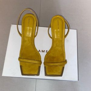 Good American, suede mustard sandals.